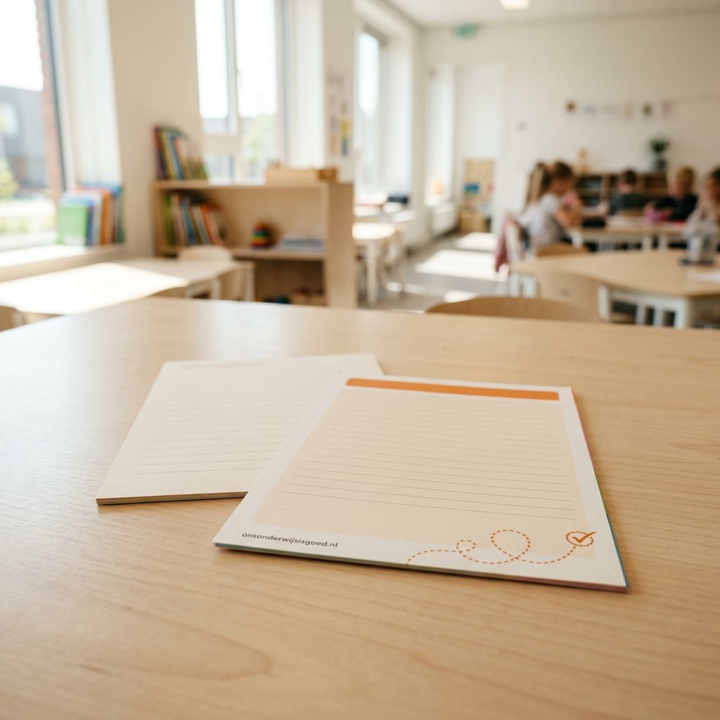 Twee voorbedrukte werkkaarten liggend op een tafel in een modern schoollokaal
